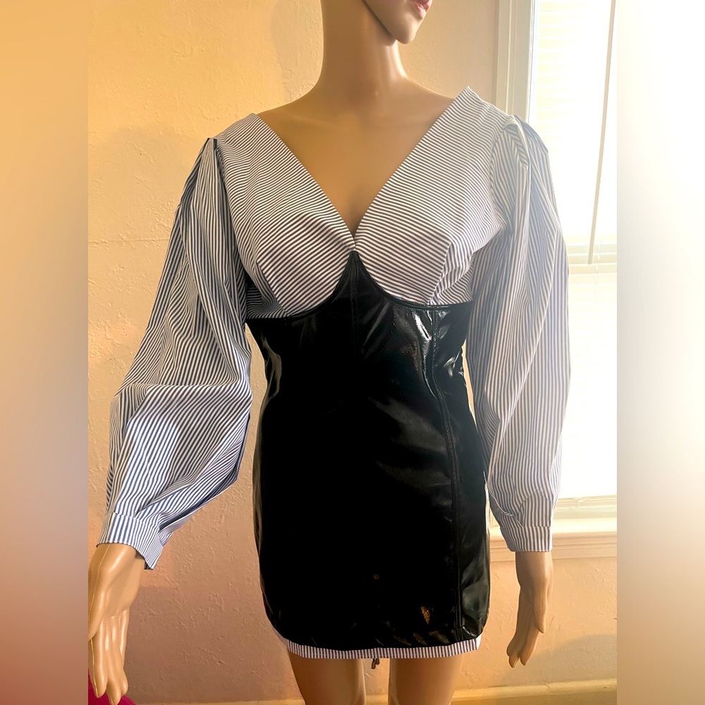 Pleather corset tie back mini dress 🏴‍☠️ 🔵⚪️Side zipper shown open in photo